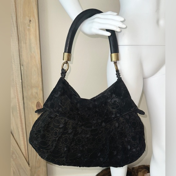 Spectacular lVintage R&Y Augousti black suede leather bronze handbag larg… - Picture 3 of 7